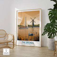 Framed The Broads National Park print with sailboat and windmill, styled in modern room