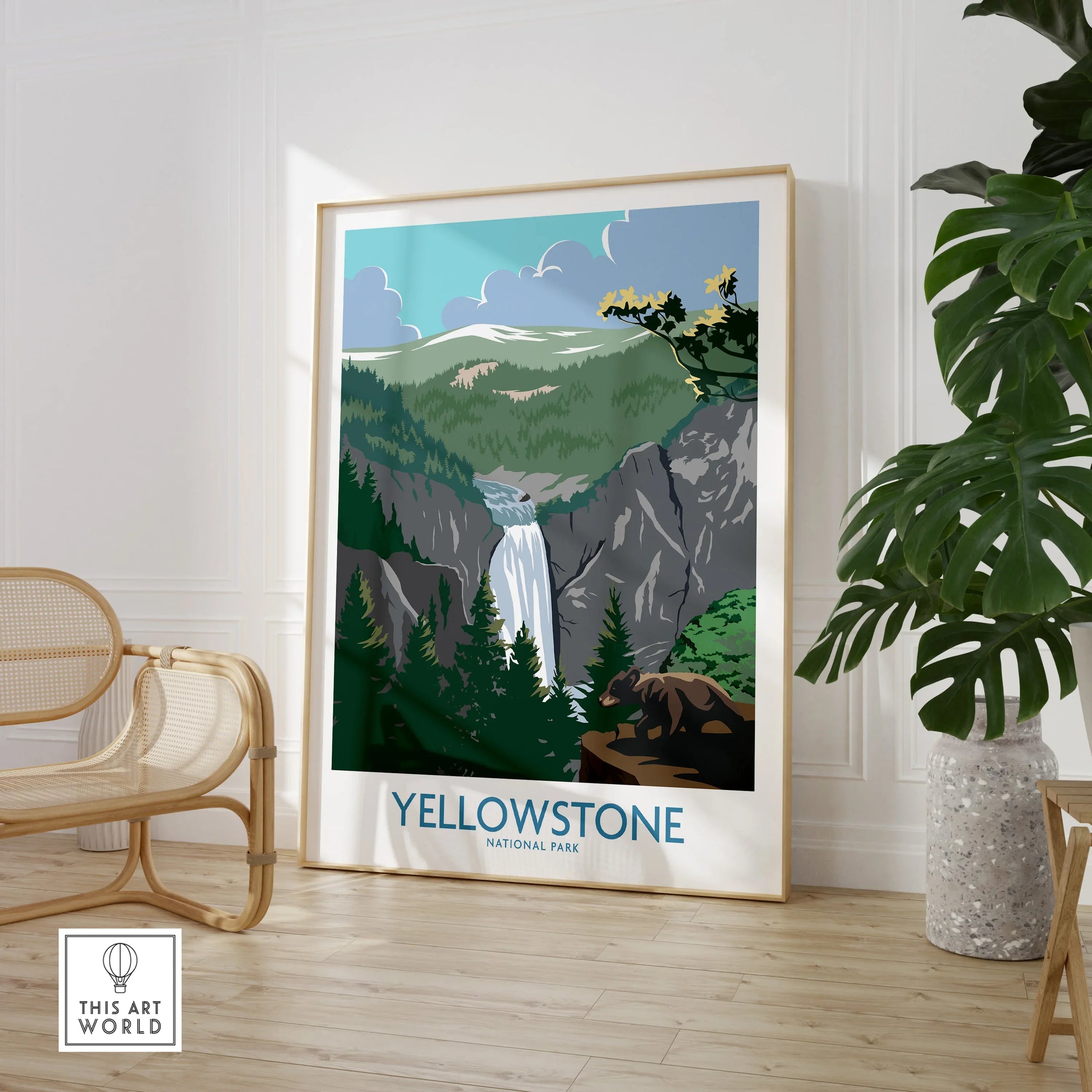 Yellowstone National Park framed art print in modern room with chair and plant