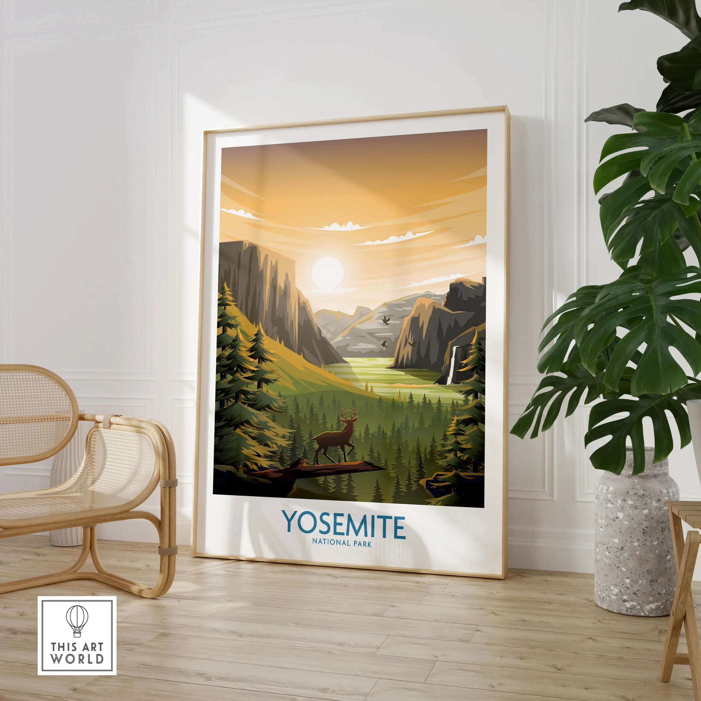 Yosemite National Park framed wall art print in modern room with plant and chair