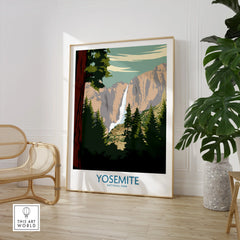 Framed Yosemite National Park travel poster in a modern room with chair and plant
