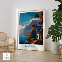 Madeira Portugal travel poster framed in modern room with chair and indoor plant