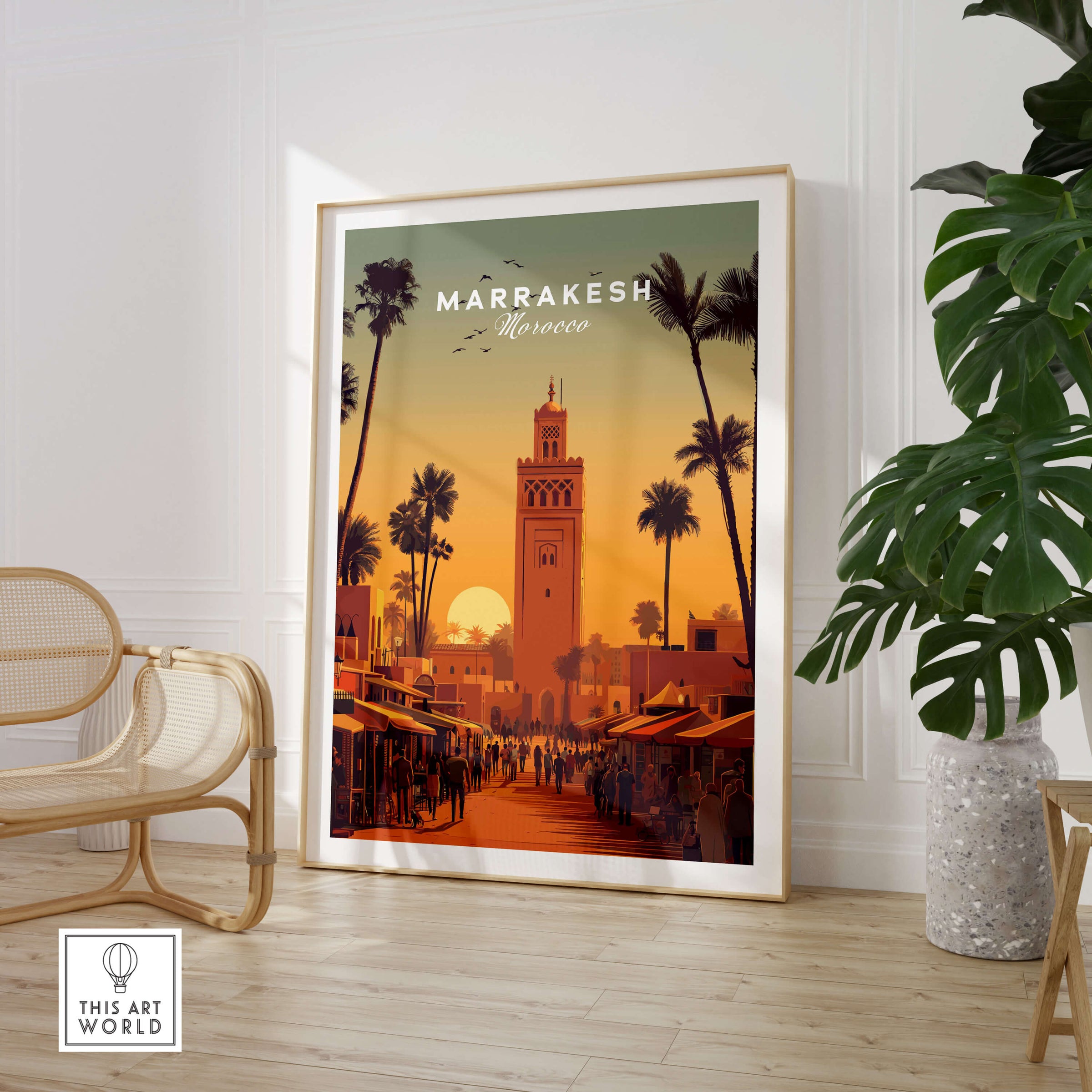 Marrakesh Morocco Wall Art Print | Koutoubia Mosque Travel Posters showcased in a cozy interior setting.