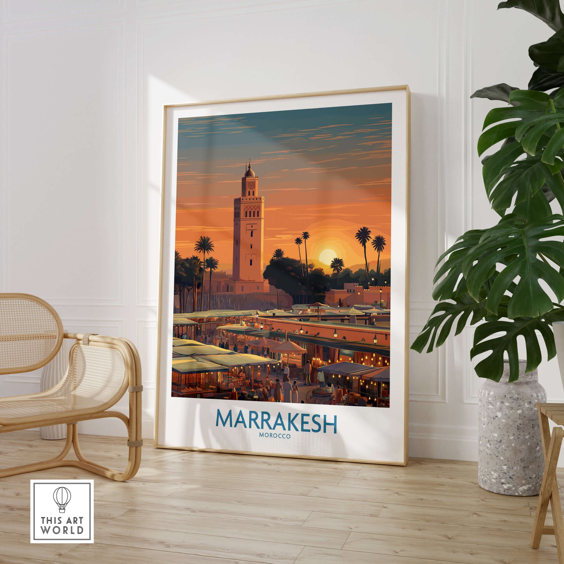 Marrakesh Morocco Canvas Art Print | Jemaa el-Fnaa Market Scene Poster showcasing sunset over Marrakesh.