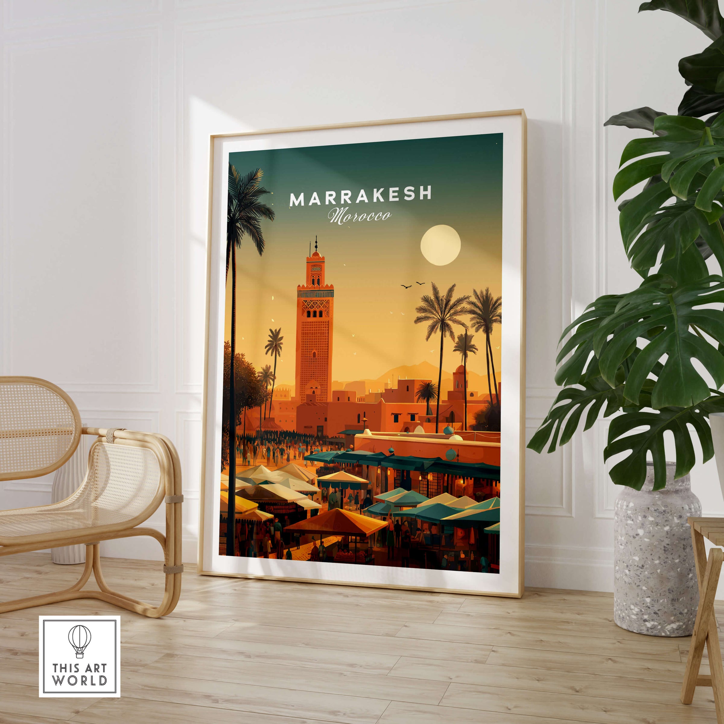 Marrakesh Morocco Wall Art Print | Bustling City Market Travel Posters featuring vibrant market scene and iconic architecture.