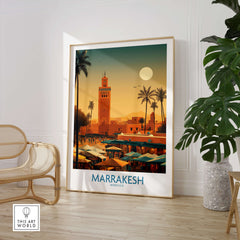 Marrakesh Morocco Poster | Traditional Moroccan Architecture Canvas Print showcasing vibrant market scene and palm trees.