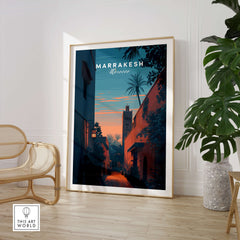 Marrakesh Morocco Travel Poster | Medina Alleyway Twilight Wall Art Print featuring an atmospheric sunset scene.