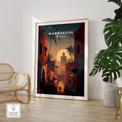 Marrakesh Morocco Wall Art Print | Sunset Medina Alleyway Travel Poster in a cozy interior setting.