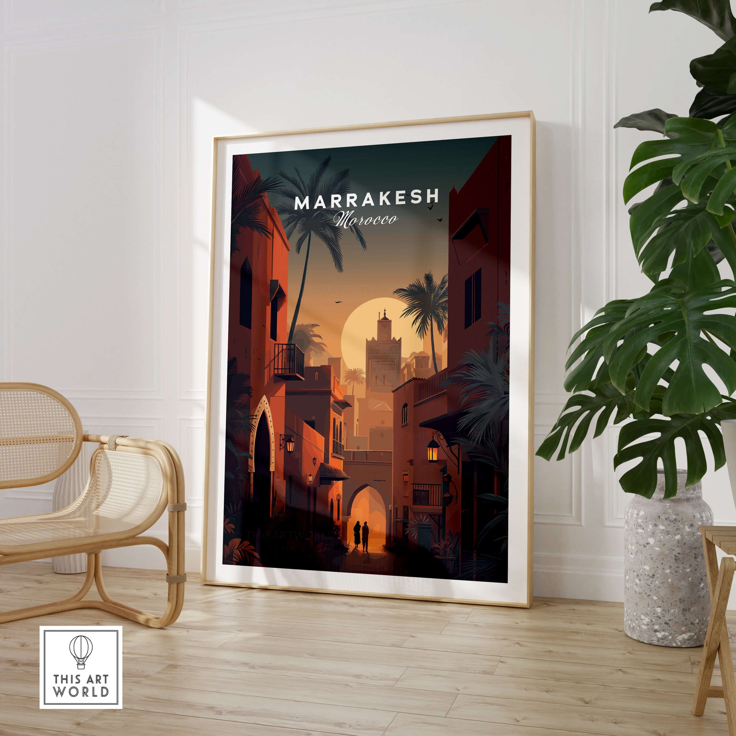 Marrakesh Morocco Wall Art Print | Sunset Medina Alleyway Travel Poster in a cozy interior setting.