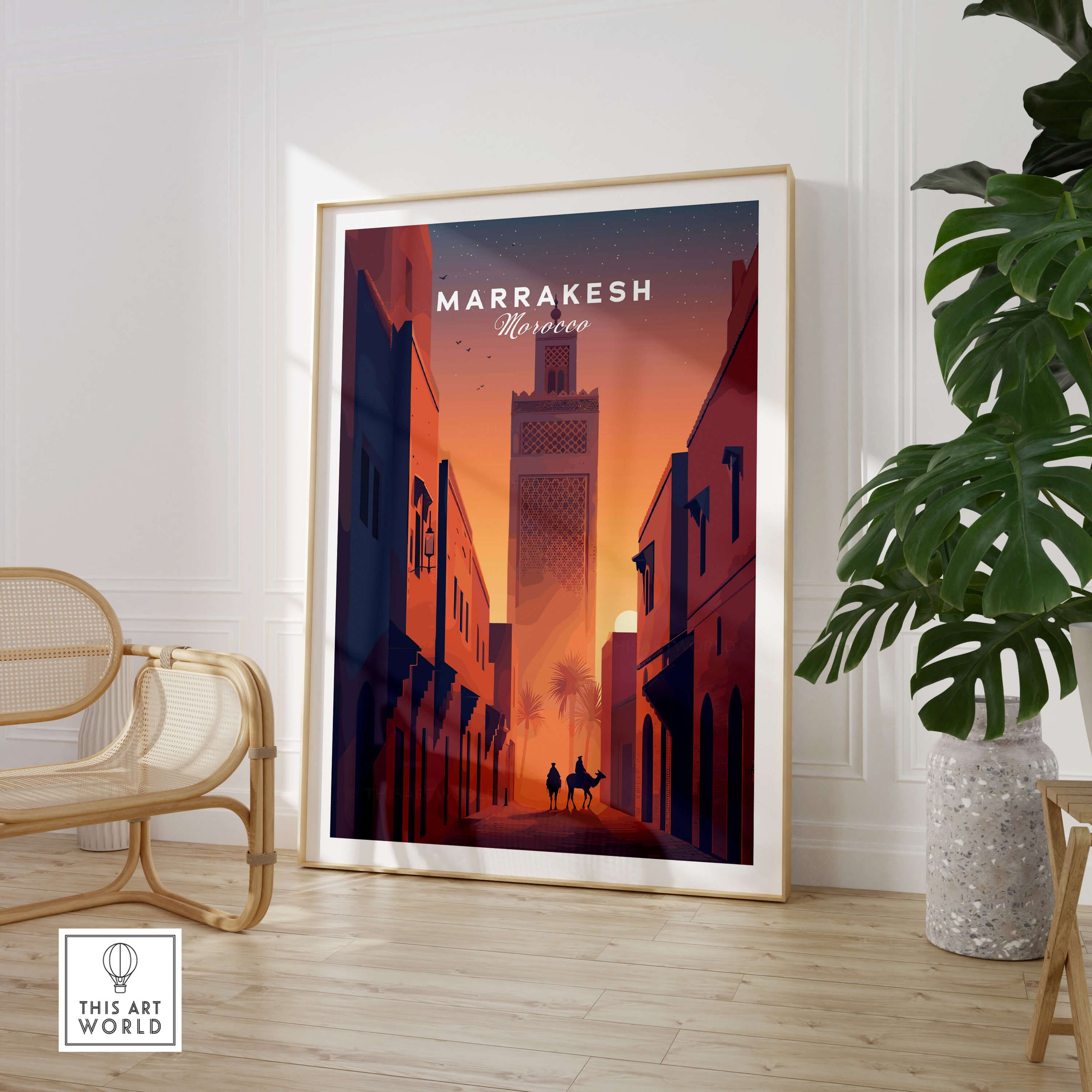 Marrakesh Morocco Travel Poster | Iconic Koutoubia Minaret Wall Art Print featuring the Koutoubia Minaret at sunset.
