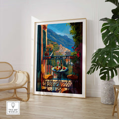 Matisse Amalfi Coast Balcony Art Print | Matisse Inspired Italy Poster showcasing a sunlit balcony with Mediterranean views.