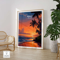Maui Hawaii Wall Art Print | Tropical Beach Sunset Travel Poster showcasing a vibrant sunset over a beach with palm trees.