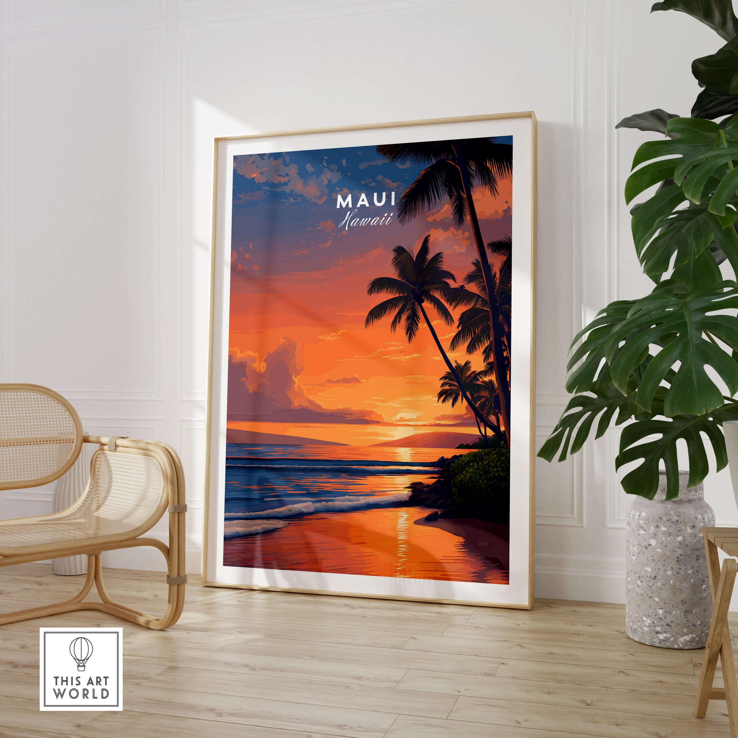 Maui Hawaii Wall Art Print | Tropical Beach Sunset Travel Poster showcasing a vibrant sunset over a beach with palm trees.