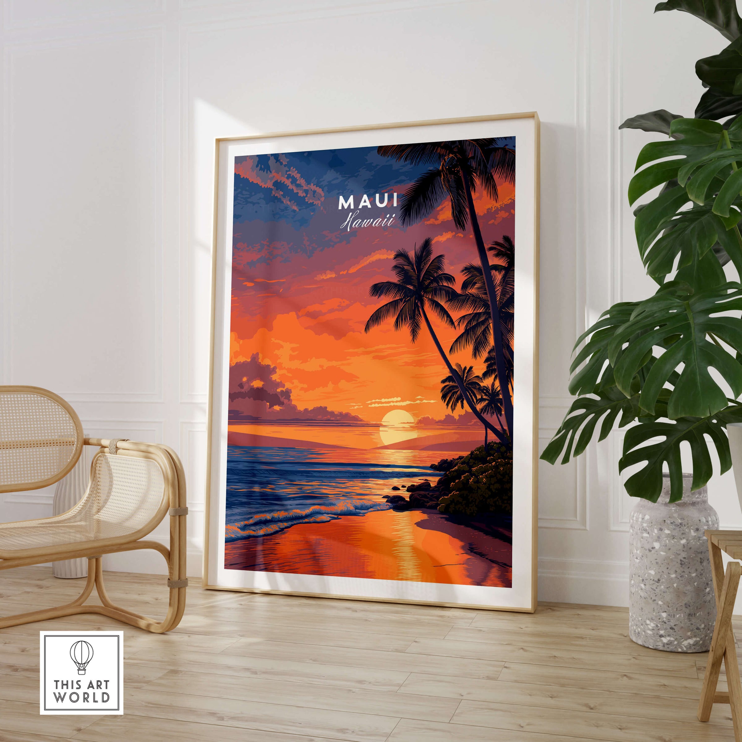Maui Hawaii Travel Poster | Golden Hour Ocean Sunset Wall Art Print featuring a vibrant sunset over the beach with palm trees.