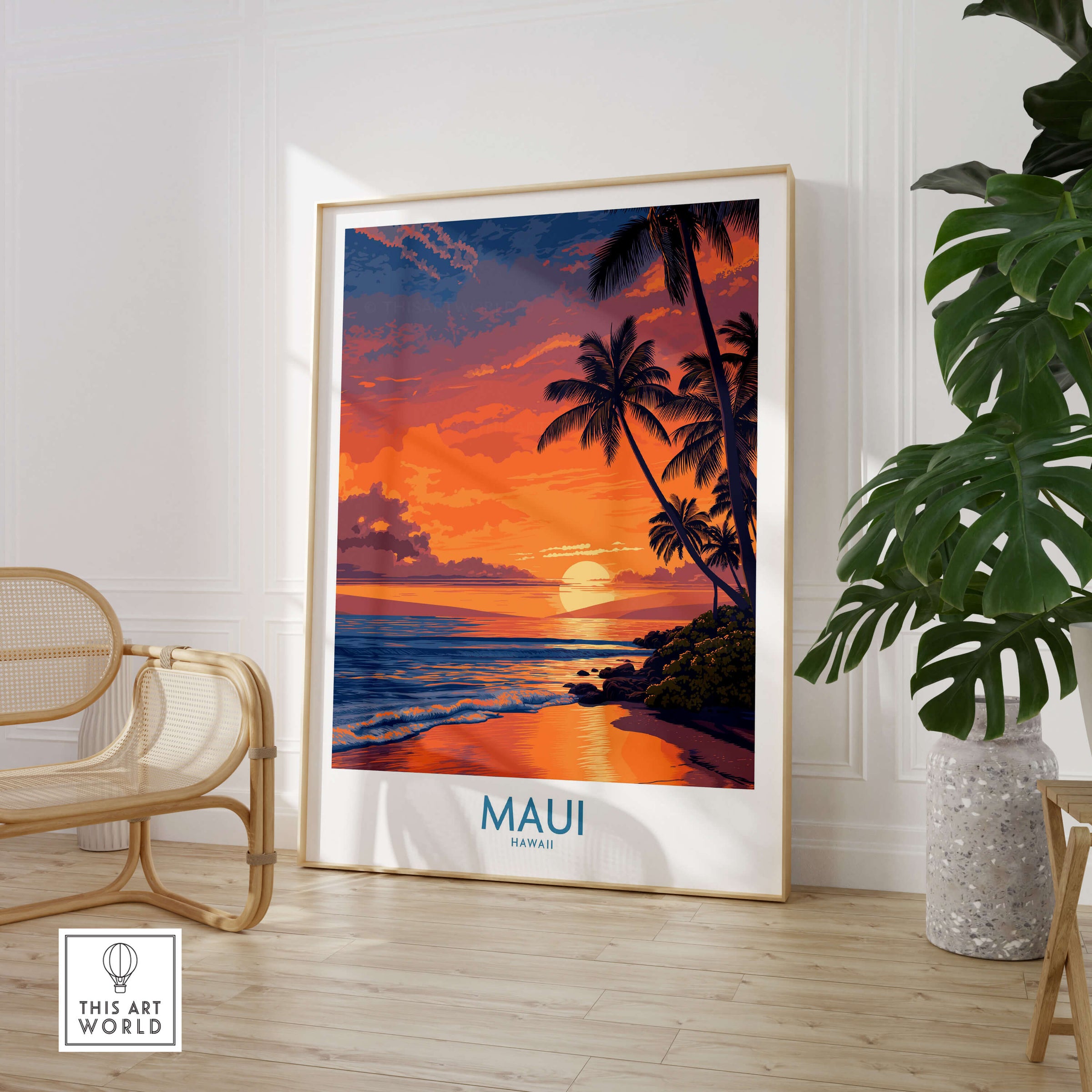 Maui Hawaii Canvas Print | Serene Tropical Beach Landscape Poster in a stylish interior with sunset colors and palm trees.