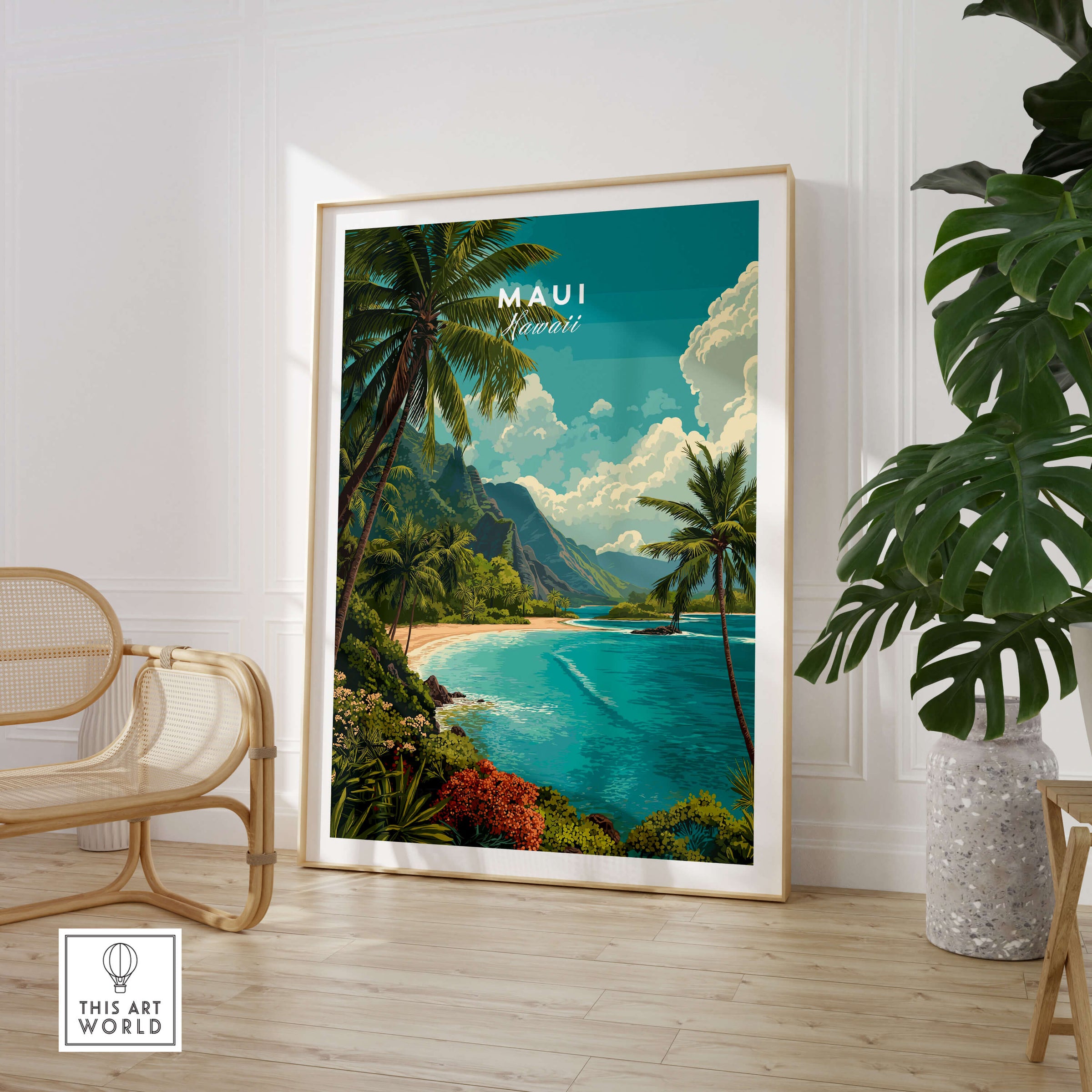 Maui Hawaii Wall Art Print | Lush Tropical Mountain Coast Travel Poster featuring a stunning coastal view.