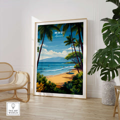 Maui Hawaii Travel Poster | Sunny Surfing Beach Wall Art Print showcasing vibrant waves and palm trees in a coastal setting.