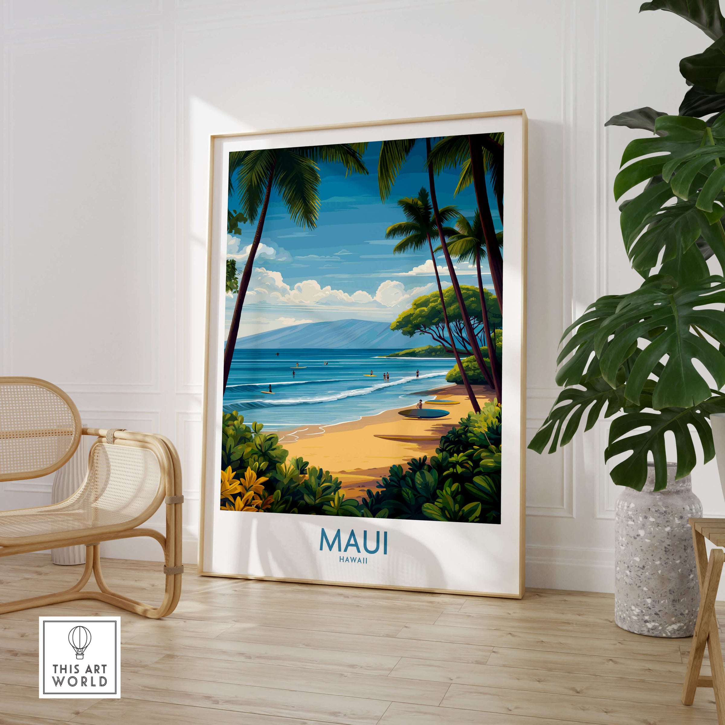 Maui Canvas Print | Hawaii Tropical Palm Trees & Waves Poster showcasing a vibrant beach scene with palm trees and waves.