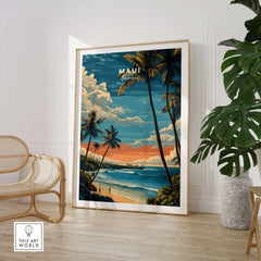 Maui  Wall Art Print | Hawaii Evening Coastal Landscape Travel Poster in a modern interior setting.