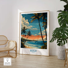 Maui Hawaii Poster | Tropical Twilight Shoreline Canvas Print displayed in a modern room with tropical decor.