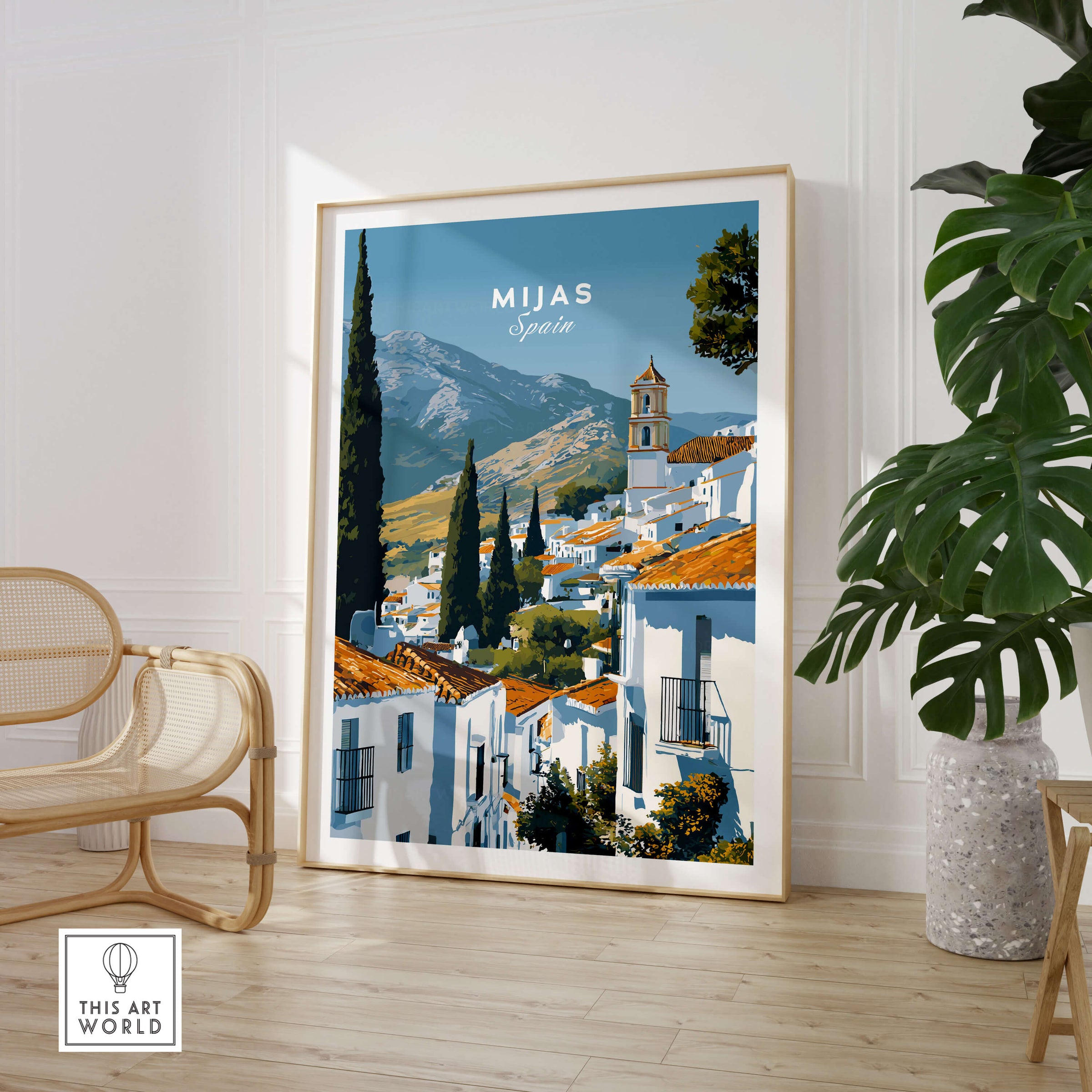 Mijas Spain Wall Art Print | Andalusian White Village Travel Poster showcasing whitewashed architecture and terracotta rooftops.
