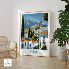 Mijas Spain Poster | Scenic Mountain Town Landscape Canvas Print in a stylish interior setting.