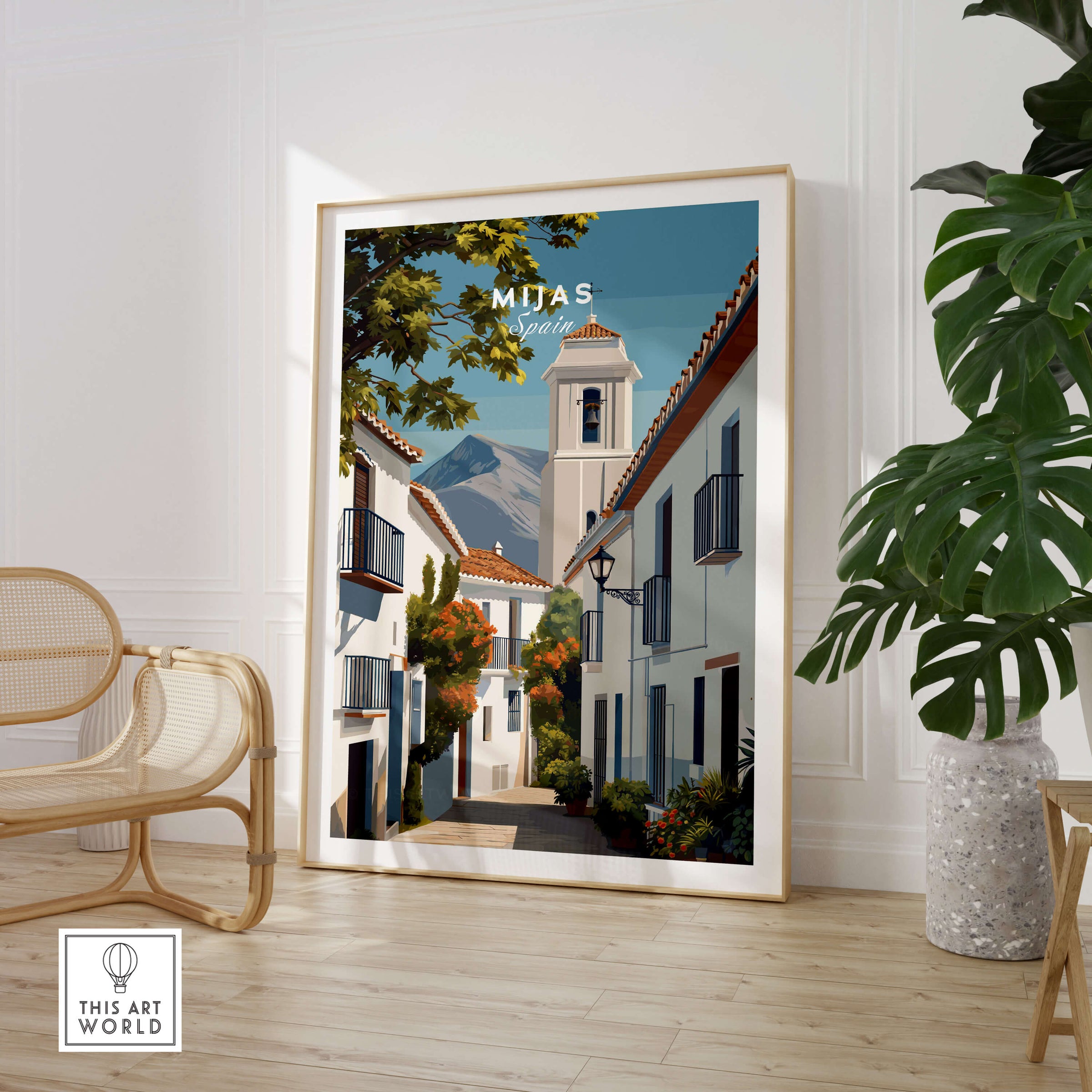 Mijas Spain Travel Poster | Traditional White Street Wall Art Print depicting charming architecture and vibrant scenery.