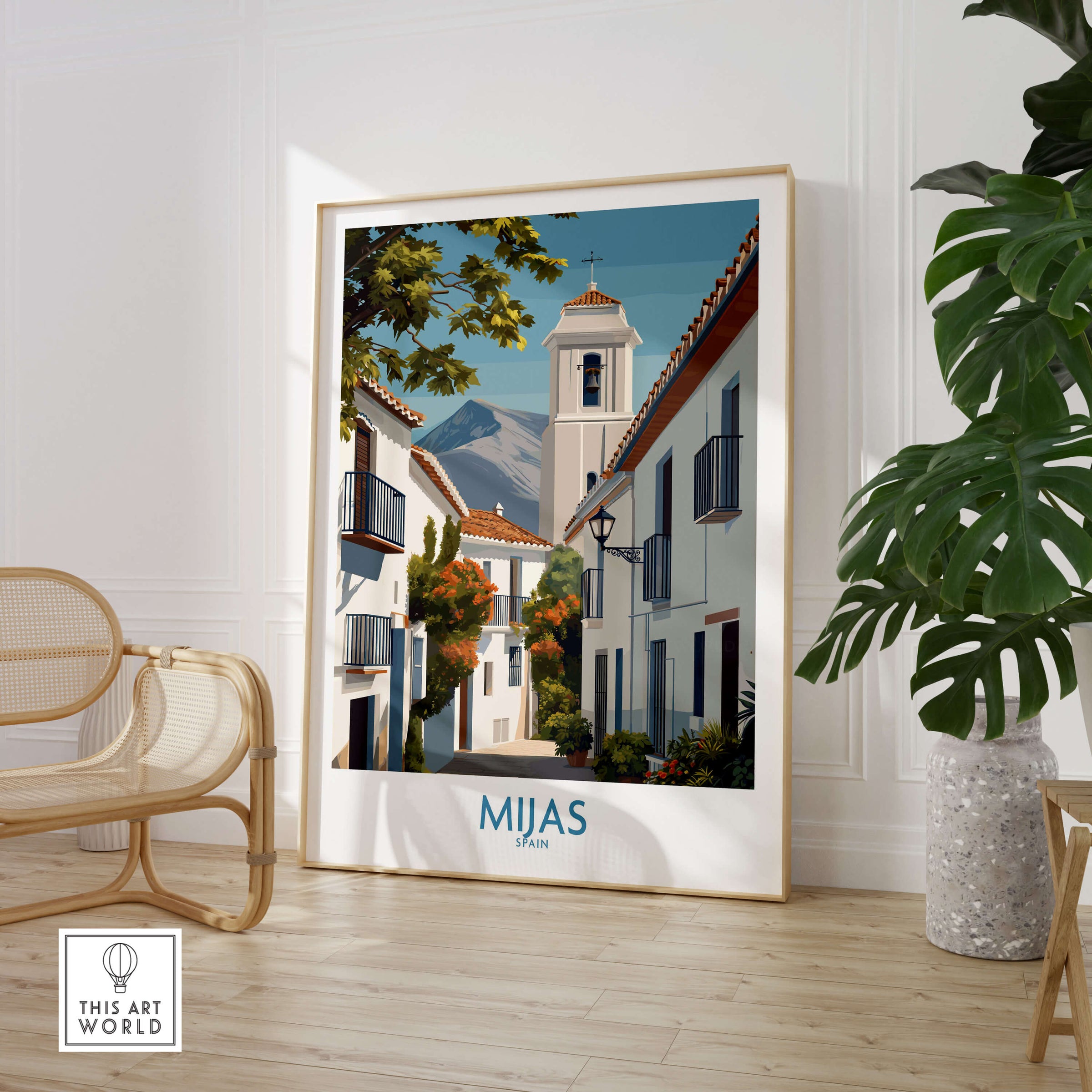 Mijas Spain Canvas Print | Historic Spanish Village Scene Poster showcasing whitewashed buildings and scenic landscape.