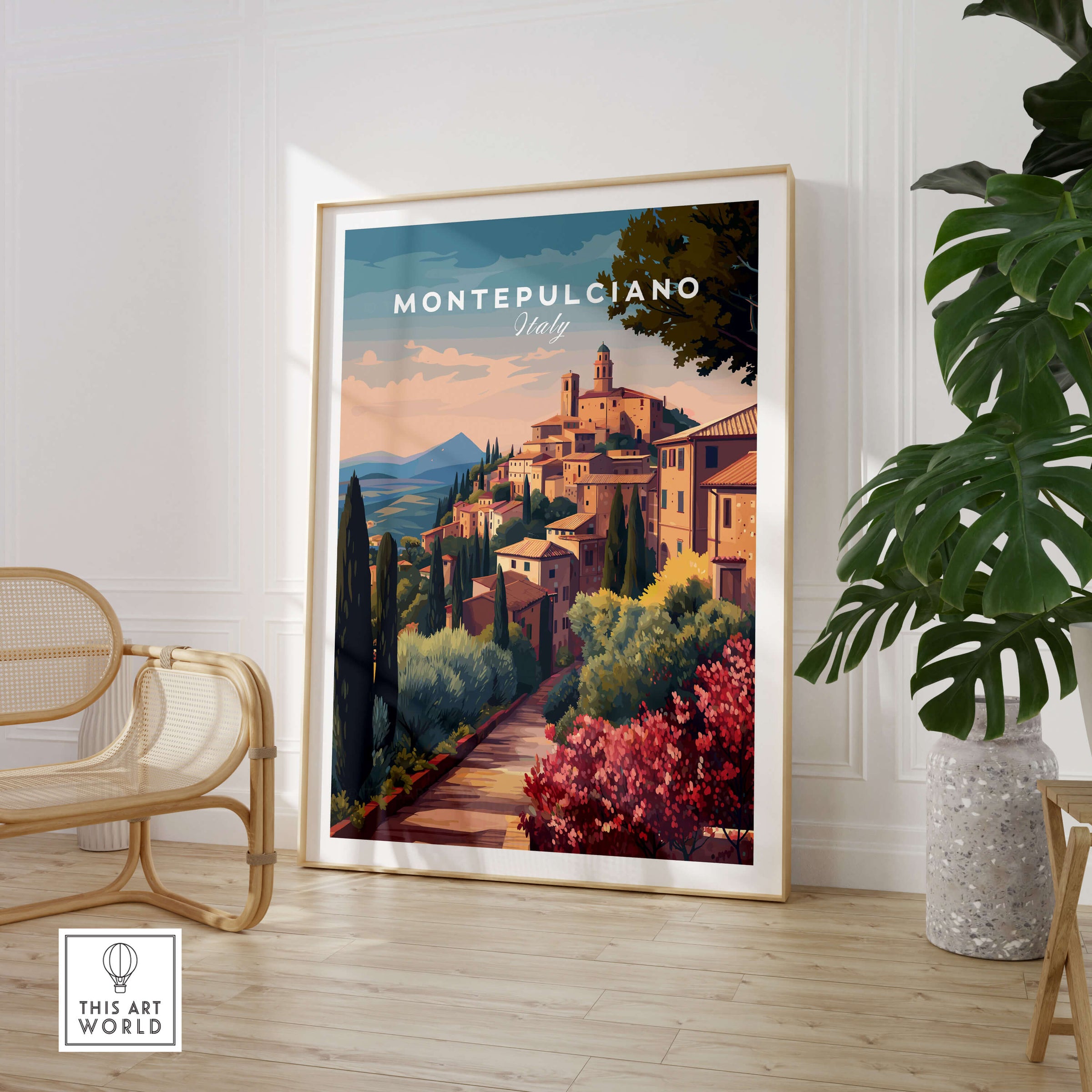 Montepulciano Italy Travel Poster | Tuscan Sunset Wall Art Print showcasing a scenic view of the hilltop town.