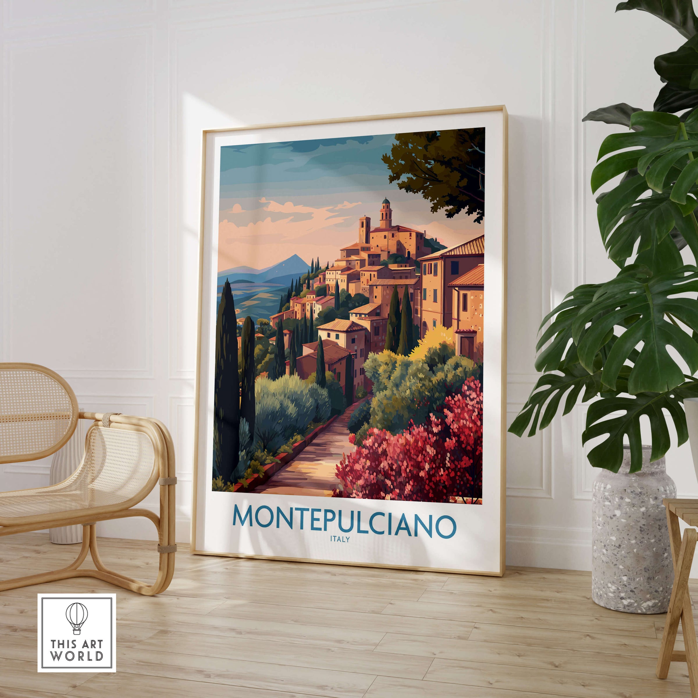 Montepulciano Italy Canvas Print | Italian Sunset Landscape Poster, showcasing Tuscany's enchanting hilltop town.