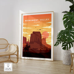 Monument Valley Arizona framed travel poster in modern room with chair and plant