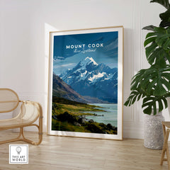 Mount Cook New Zealand Wall Art Print | Aoraki National Park Travel Poster displayed in a modern interior setting.