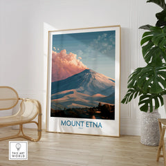 Mount Etna travel poster framed on wall in modern living room with chair and plant