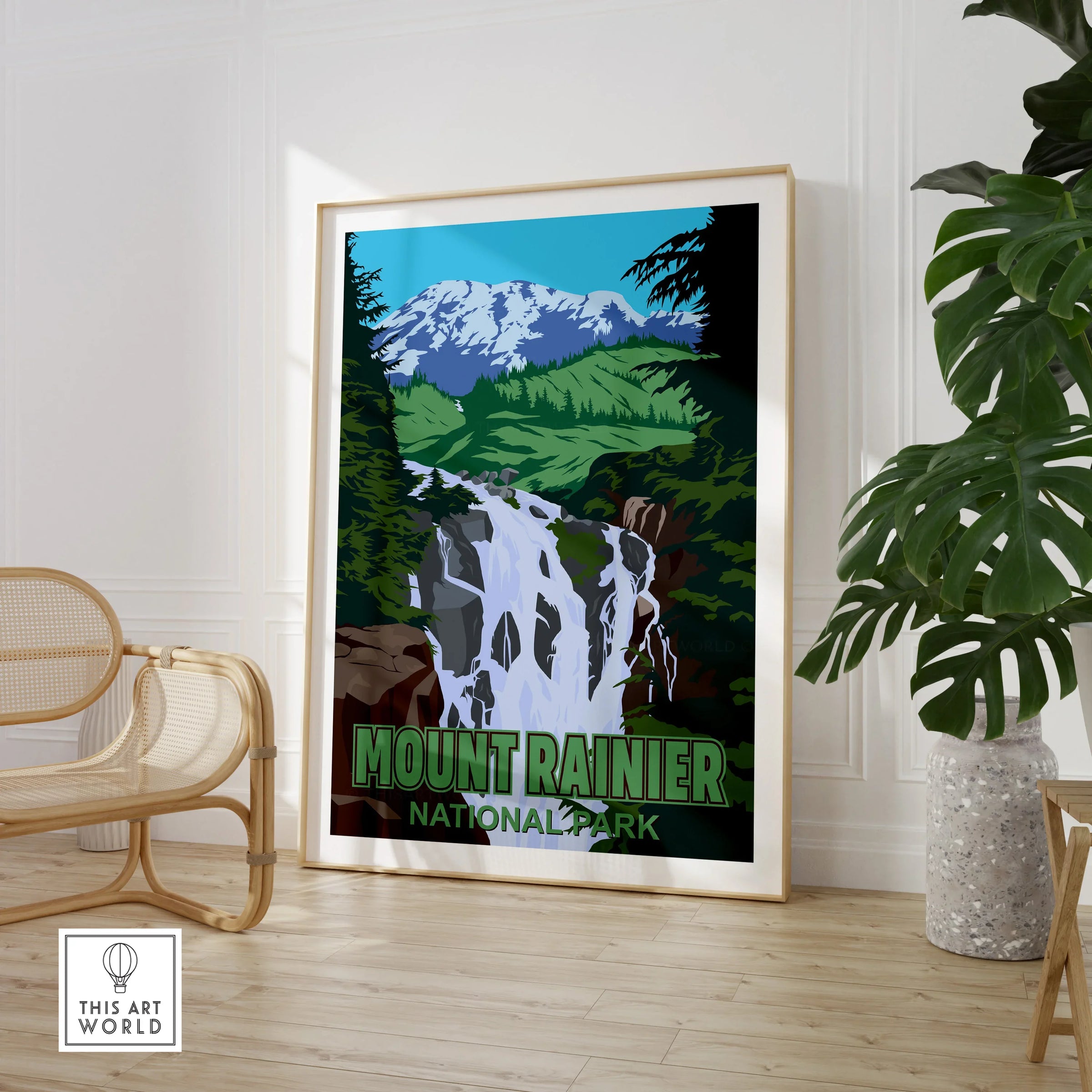 Framed Mount Rainier National Park poster with waterfall in modern living room setting