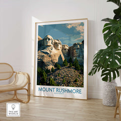 Mount Rushmore Poster | Black Hills National Memorial Canvas Print displayed in a stylish room with plants.