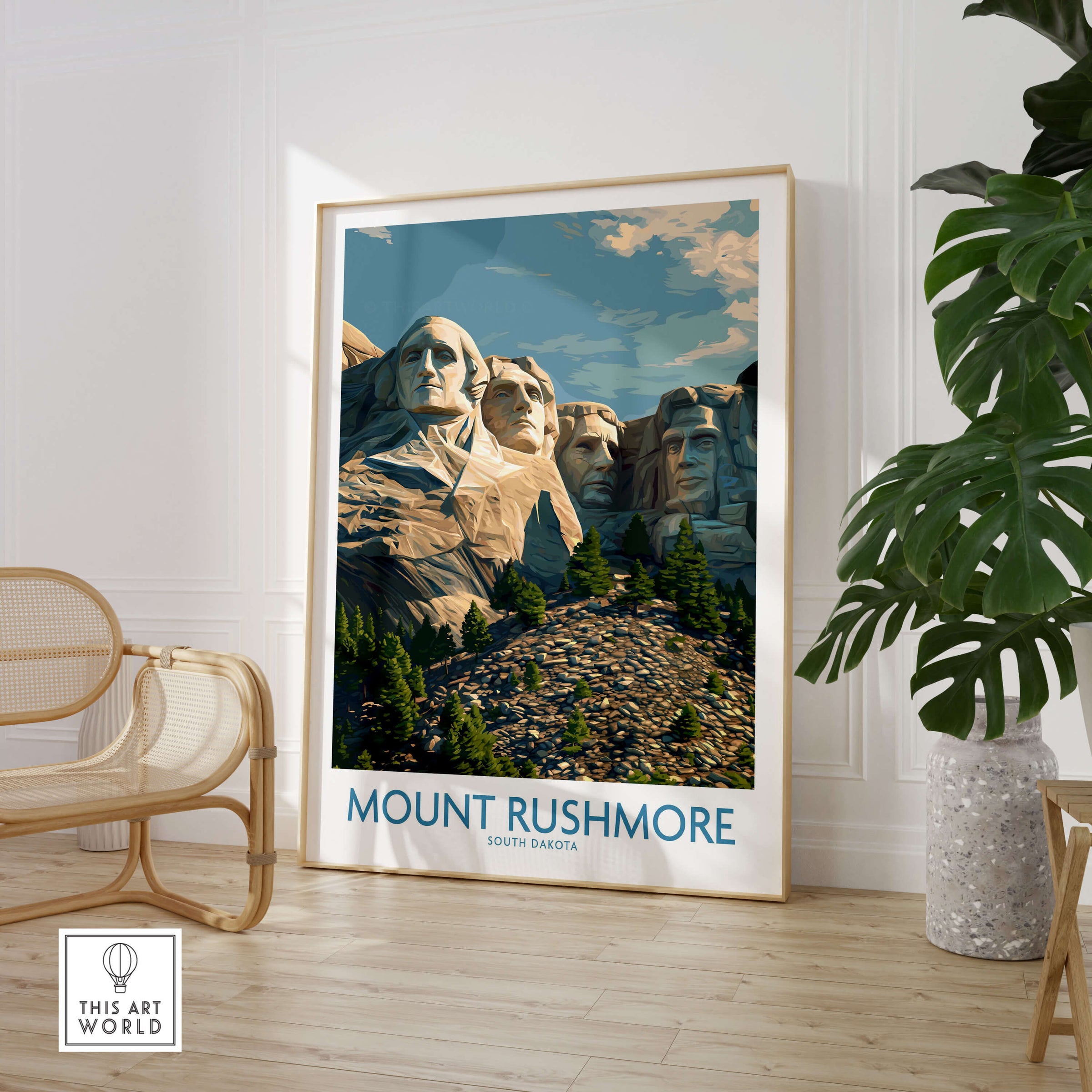 Mount Rushmore Poster | Black Hills National Memorial Canvas Print displayed in a stylish room with plants.