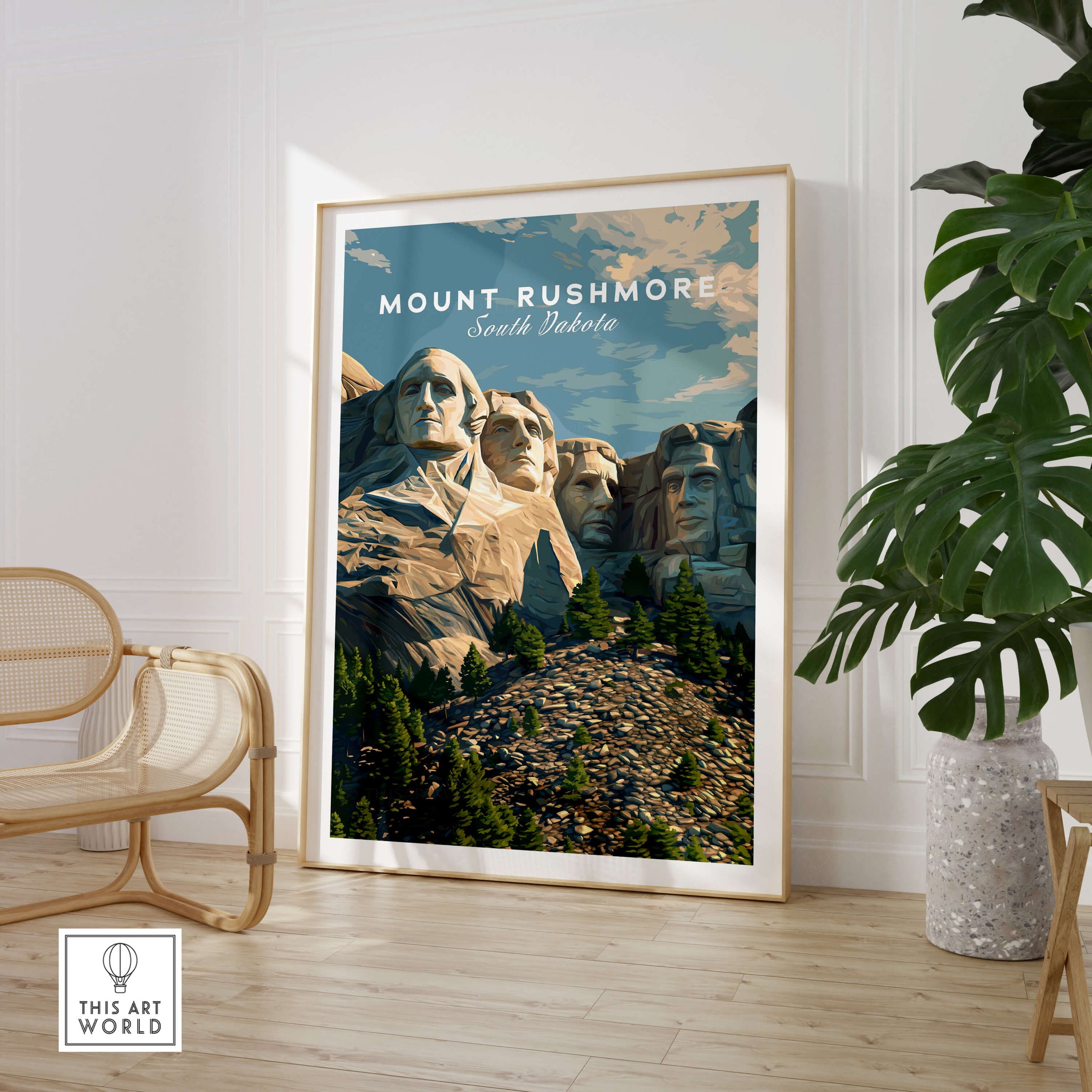Mount Rushmore Wall Art Print | American Landmark Travel Poster featuring iconic presidential faces in South Dakota.
