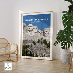 Mount Rushmore Print | National Memorial Wall Art featuring carved faces in South Dakota framed in a bright room.