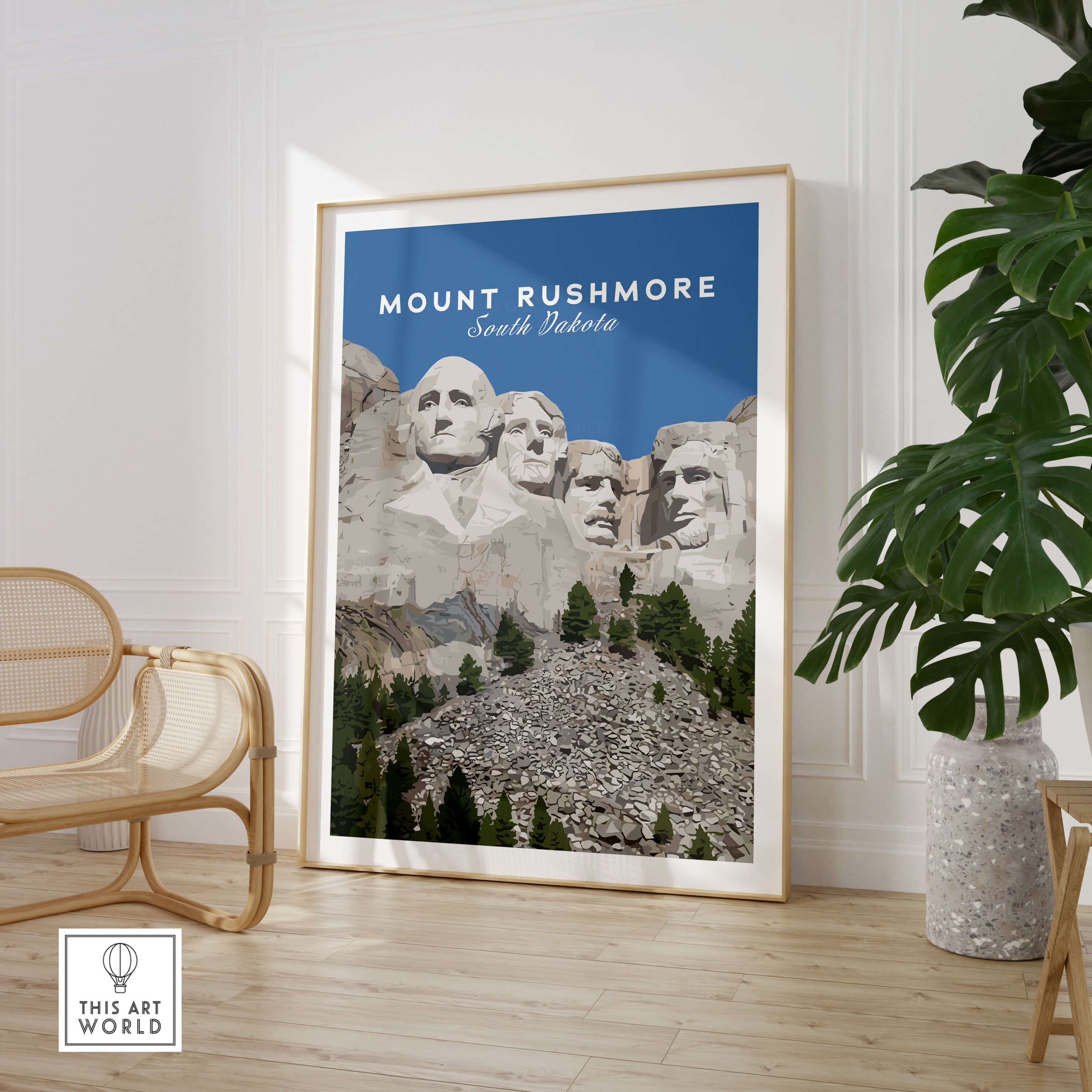 Mount Rushmore Print | National Memorial Wall Art featuring carved faces in South Dakota framed in a bright room.