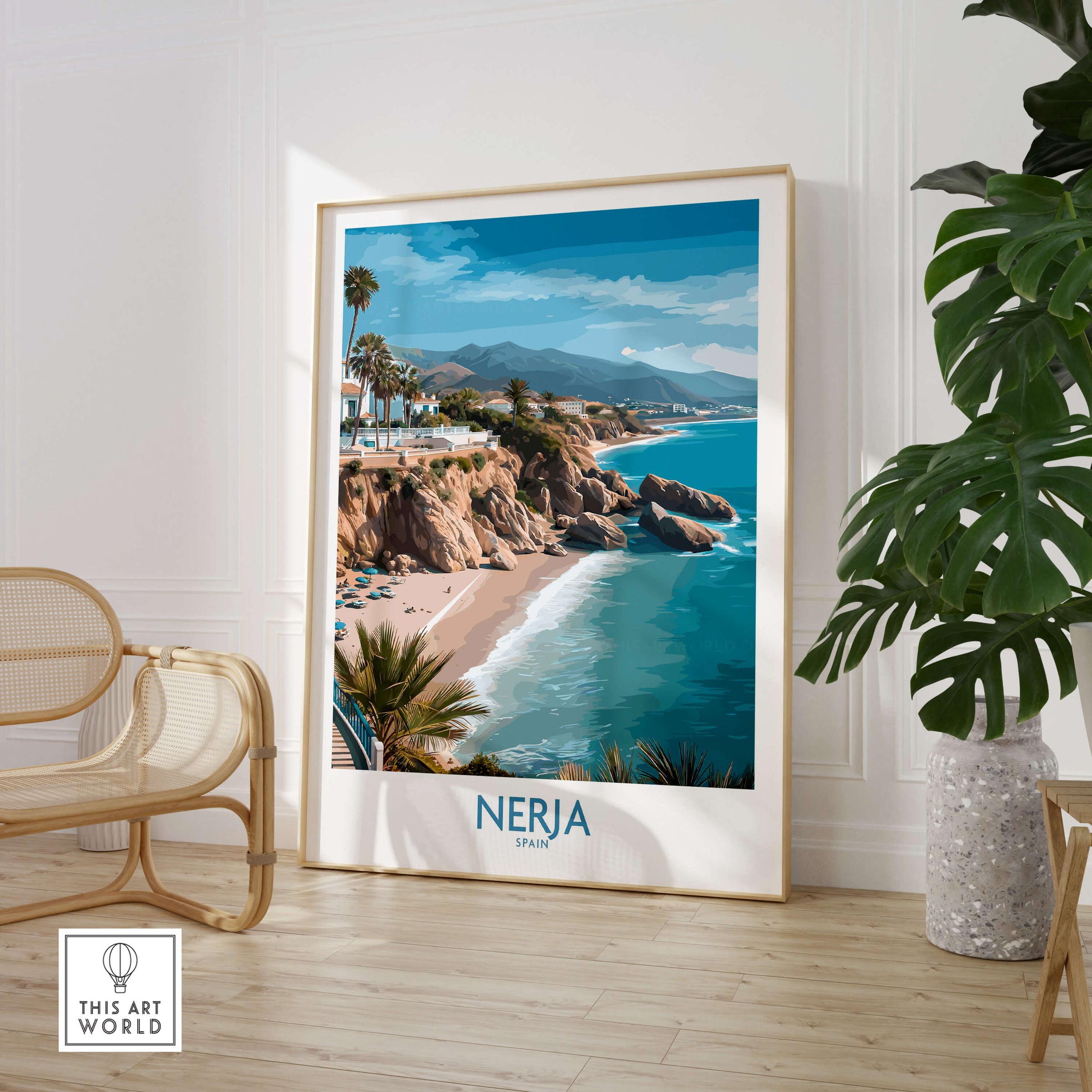 Nerja Spain Poster | Mediterranean Beach Landscape Canvas Print showcasing a stunning coastal view.