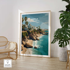 Nerja Spain Wall Art Print | Mediterranean Travel Poster showcasing coastal cliffs and turquoise waters.