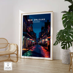 New Orleans Travel Poster | Bourbon Street Night Wall Art Print in a stylish living room setting.