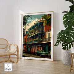New Orleans Wall Art Print | French Quarter Balcony Travel Poster in stylish interior with plants and chair.