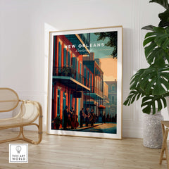 New Orleans Poster | Jazz Band Street Scene Wall Art Print featuring musicians in vibrant French Quarter setting.