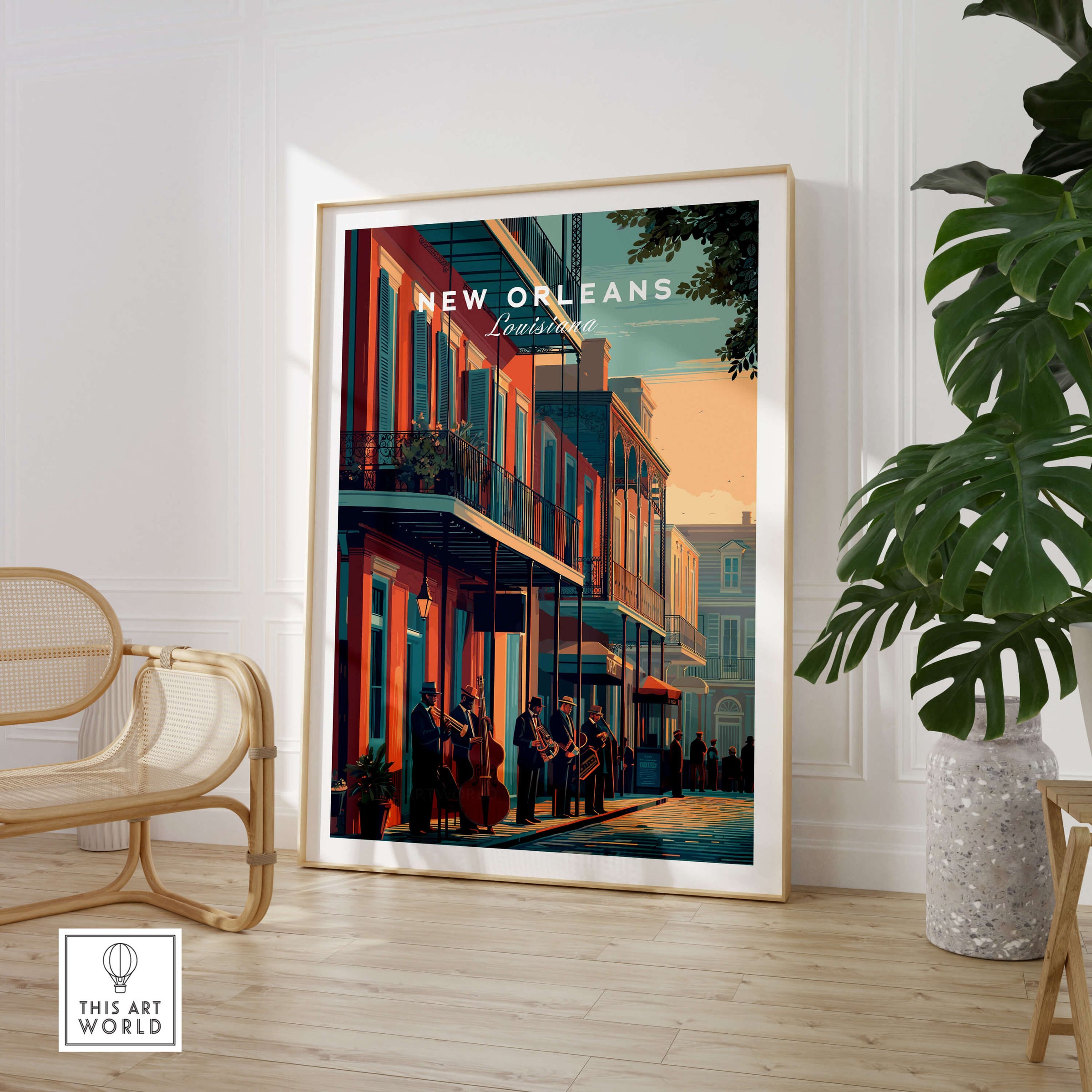 New Orleans Poster | Jazz Band Street Scene Wall Art Print featuring musicians in vibrant French Quarter setting.