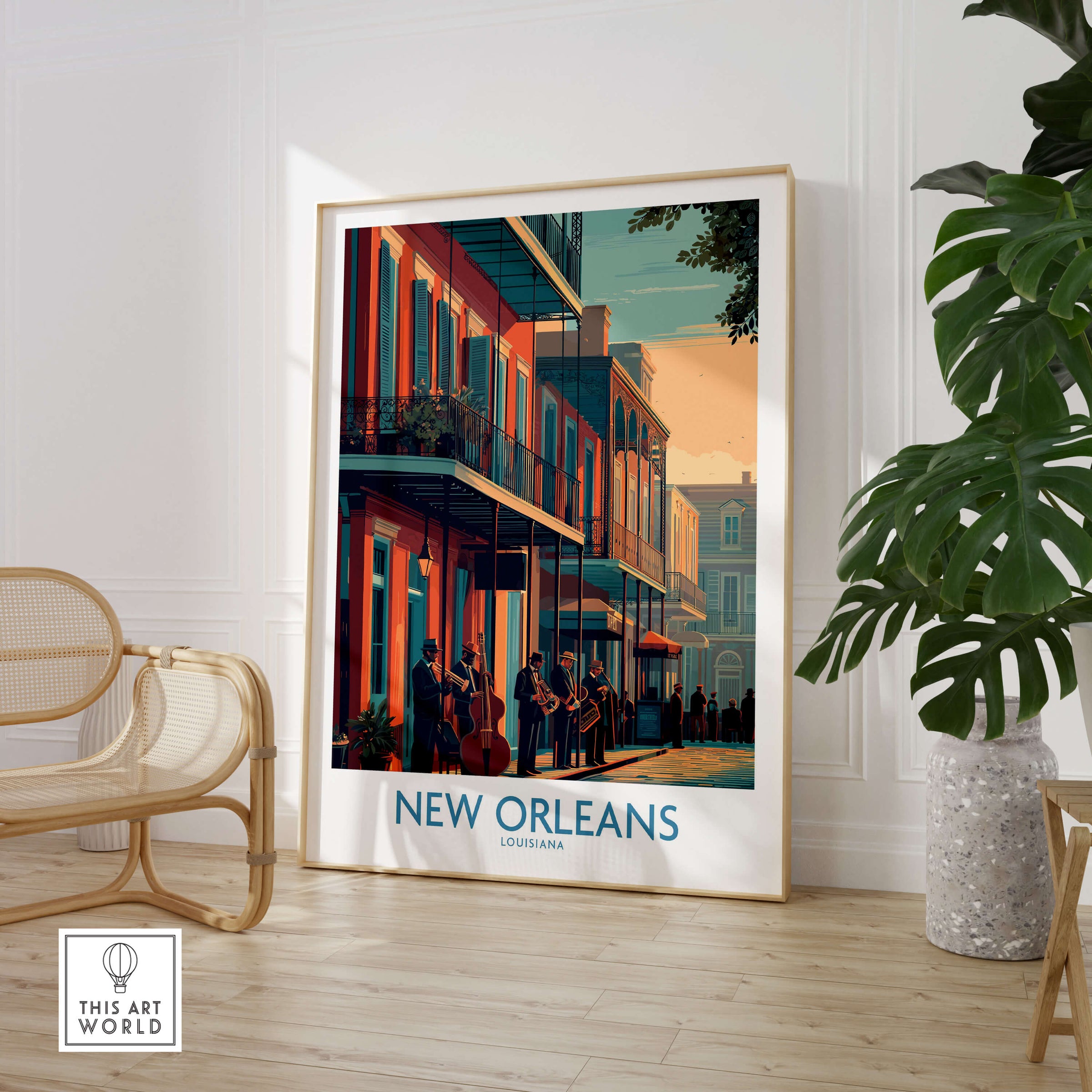 New Orleans Canvas Print | Musical Heritage Cityscape Poster displayed in a stylish room with musicians and vibrant colors.