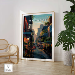 New Orleans Wall Art Print | Historic French Quarter Travel Poster displayed in a stylish living room setting.