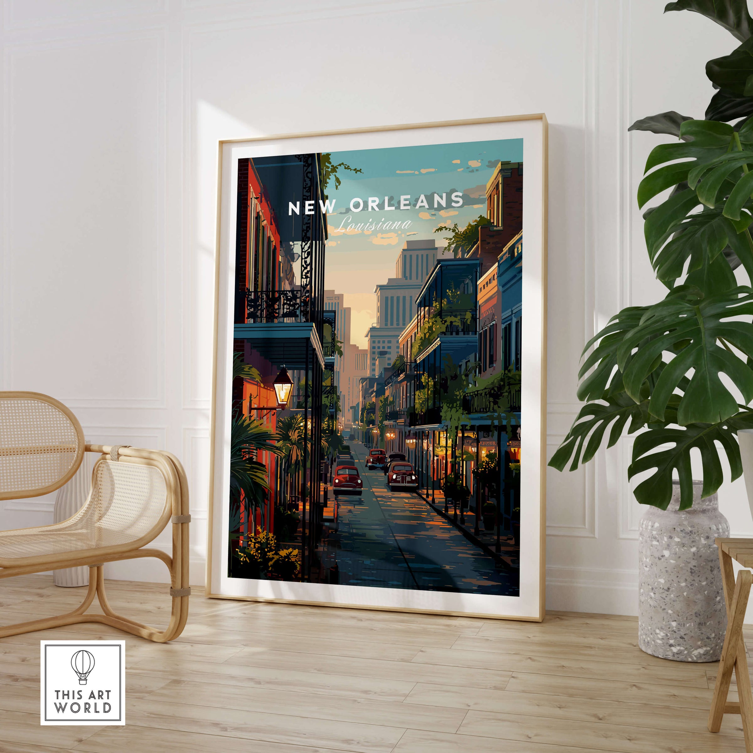 New Orleans Wall Art Print | Historic French Quarter Travel Poster displayed in a stylish living room setting.