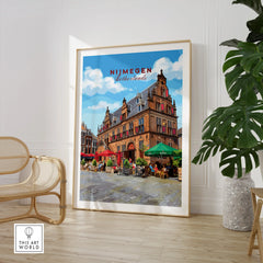 Framed Nijmegen Netherlands travel poster in modern room with chair and plant