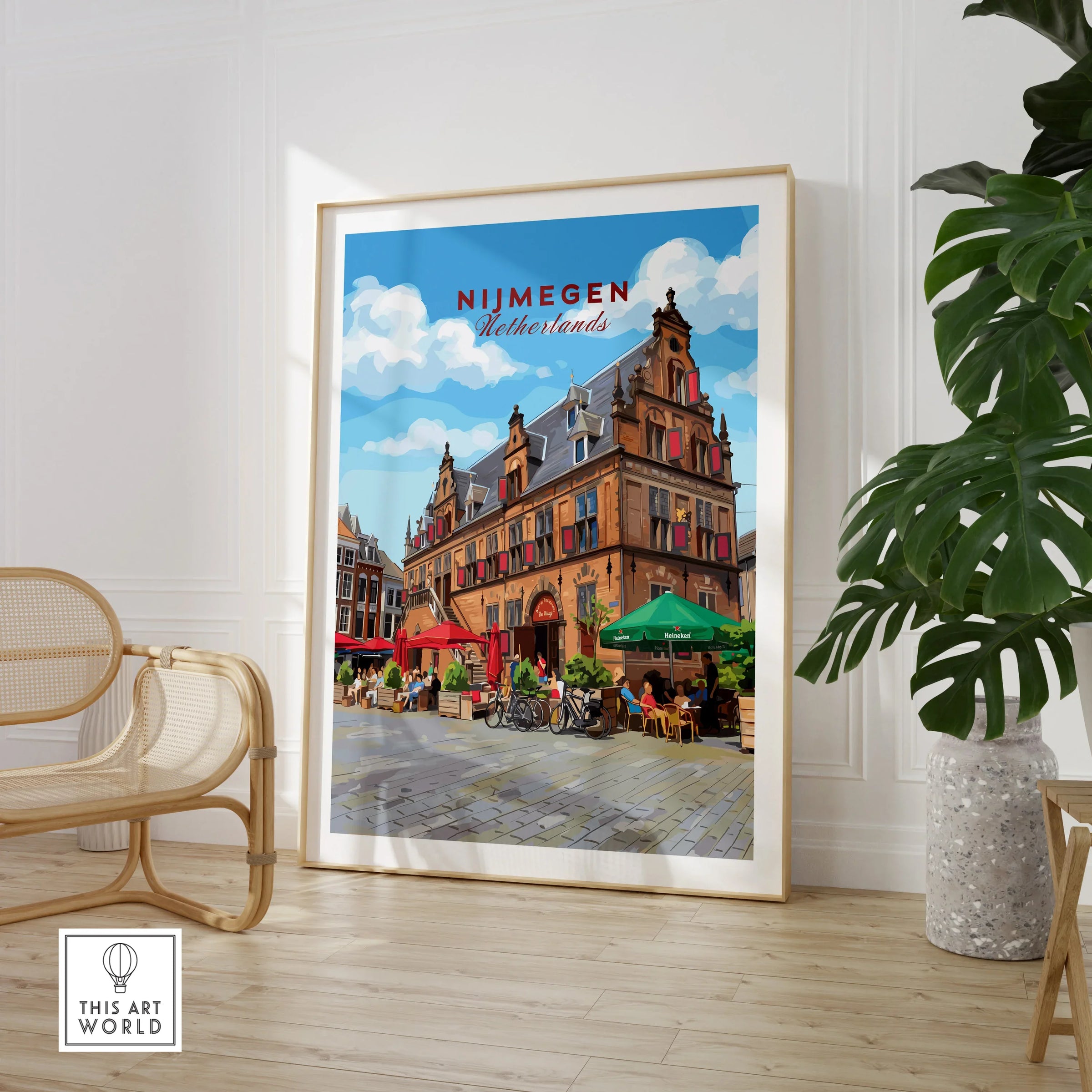 Framed Nijmegen Netherlands travel poster in modern room with chair and plant