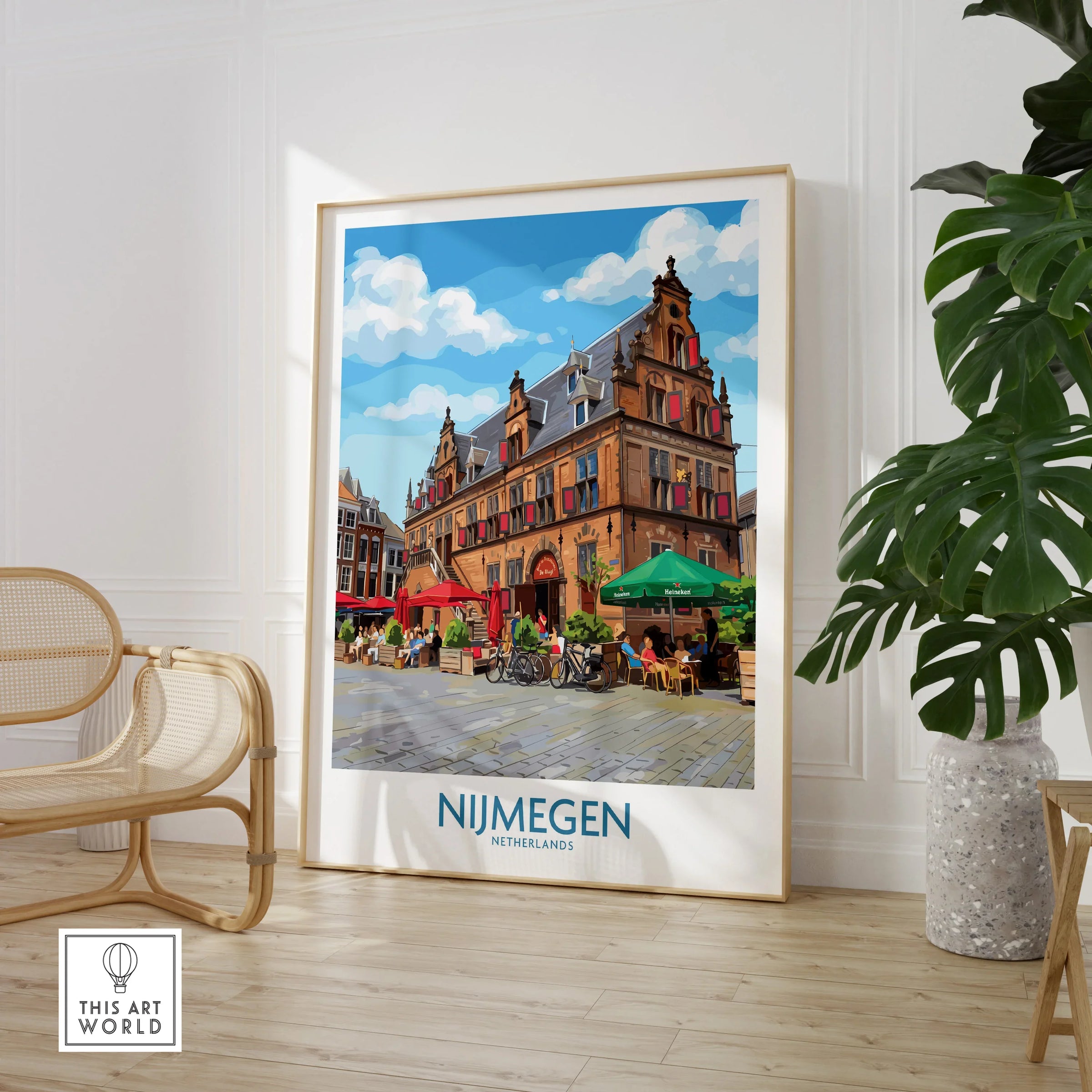 Nijmegen Netherlands travel poster in modern room with chair and plant
